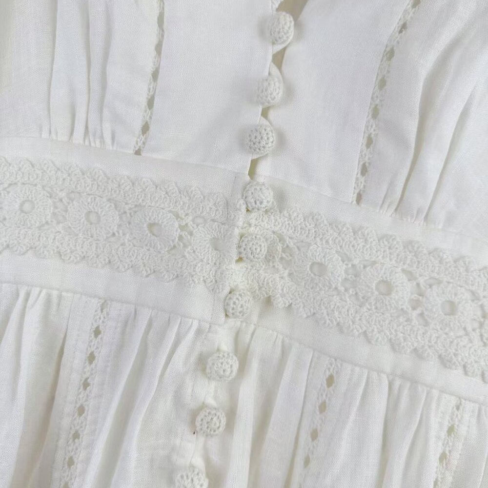 Romantic White Lace Dress: V - Neck, Puff Sleeves & Tiered Skirt - Picture 3 of 8
